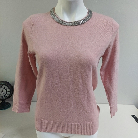 Liz Claborne Career Blush Pink Sweater Top 3/4 Sleeve Size S Beaded Art‎ Studded - Picture 1 of 11